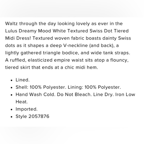 Lulus dreamy mood white Swiss dot tiered midi dress. Polyester. Size Small. - Picture 14 of 14